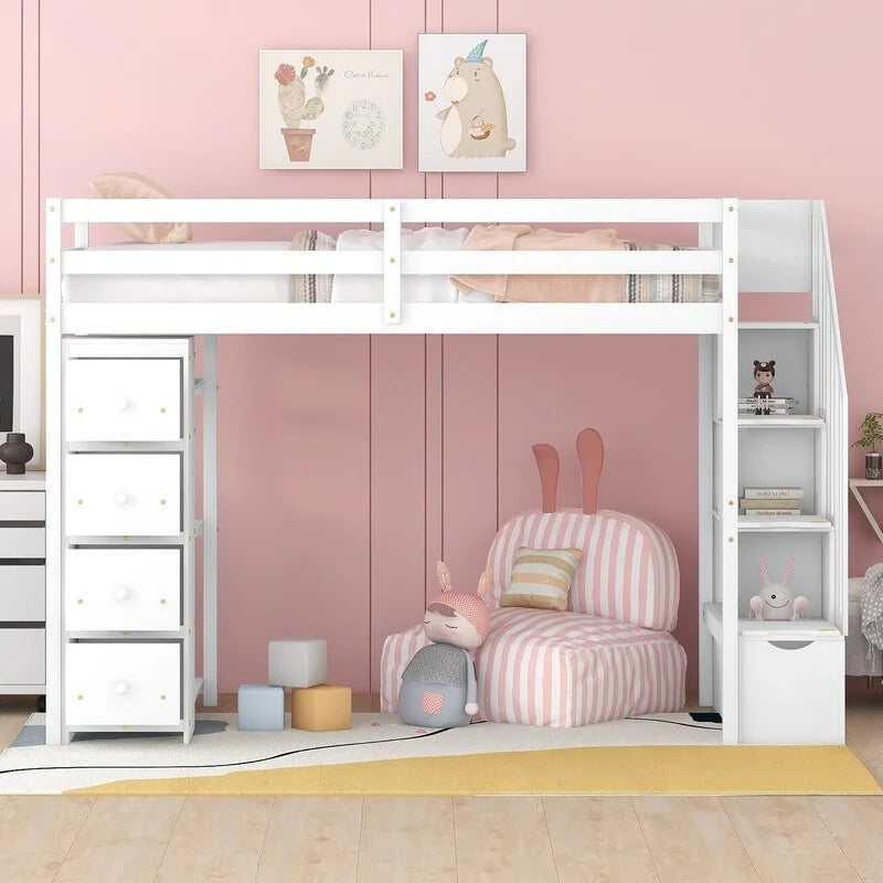 Twin-Size Loft Bed with Storage Drawers and Stairs, Wooden Loft Bed with Shelves for Teens