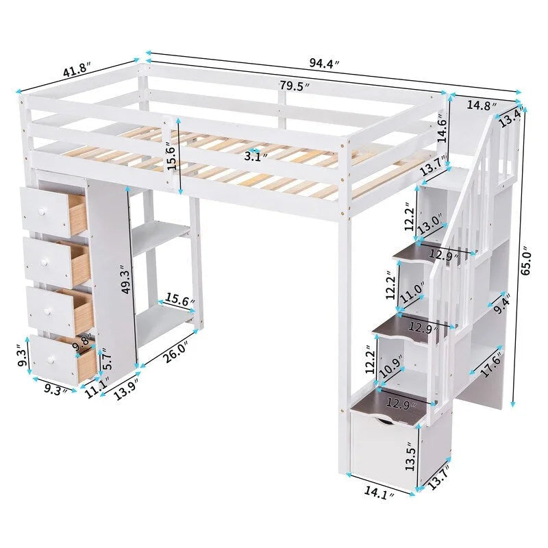Twin-Size Loft Bed with Storage Drawers and Stairs, Wooden Loft Bed with Shelves for Teens