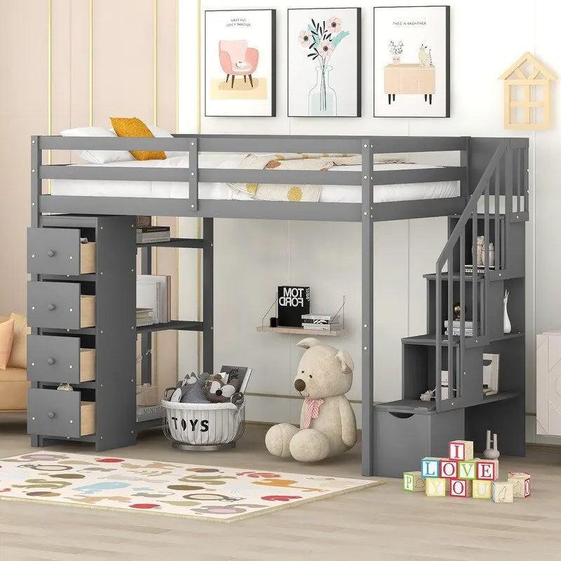 Twin-Size Loft Bed with Storage Drawers and Stairs, Wooden Loft Bed with Shelves for Teens