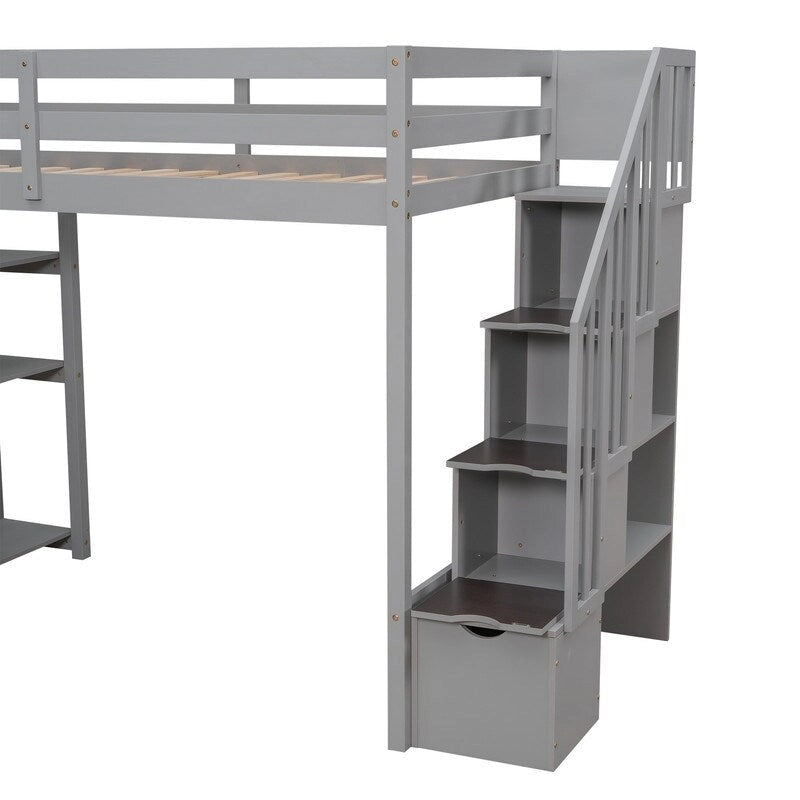 Twin-Size Loft Bed with Storage Drawers and Stairs, Wooden Loft Bed with Shelves for Teens