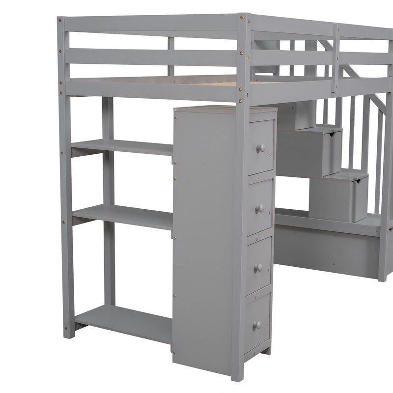 Twin-Size Loft Bed with Storage Drawers and Stairs, Wooden Loft Bed with Shelves for Teens