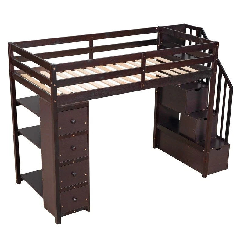Twin-Size Loft Bed with Storage Drawers and Stairs, Wooden Loft Bed with Shelves for Teens