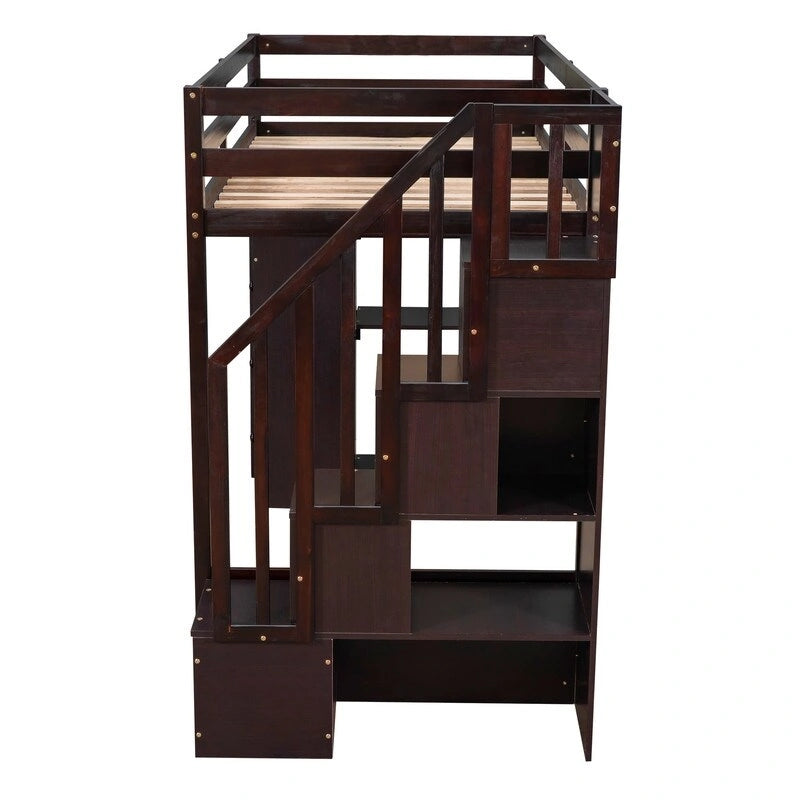 Twin-Size Loft Bed with Storage Drawers and Stairs, Wooden Loft Bed with Shelves for Teens