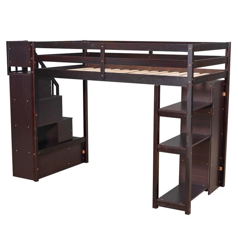Twin-Size Loft Bed with Storage Drawers and Stairs, Wooden Loft Bed with Shelves for Teens