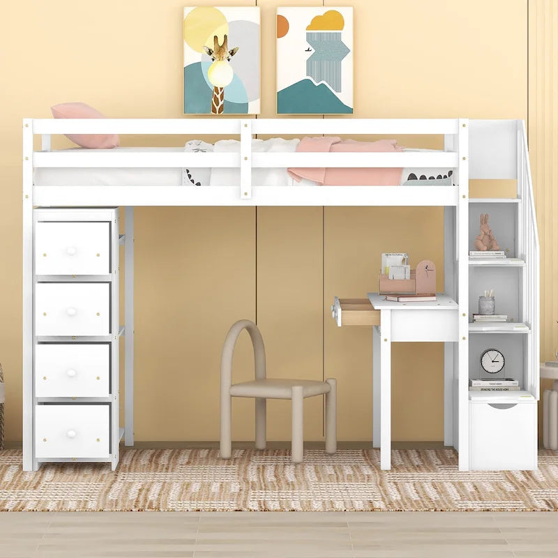 Letto a soppalco con cassetti contenitori, scrivania e scaletta, in legno con ripiani