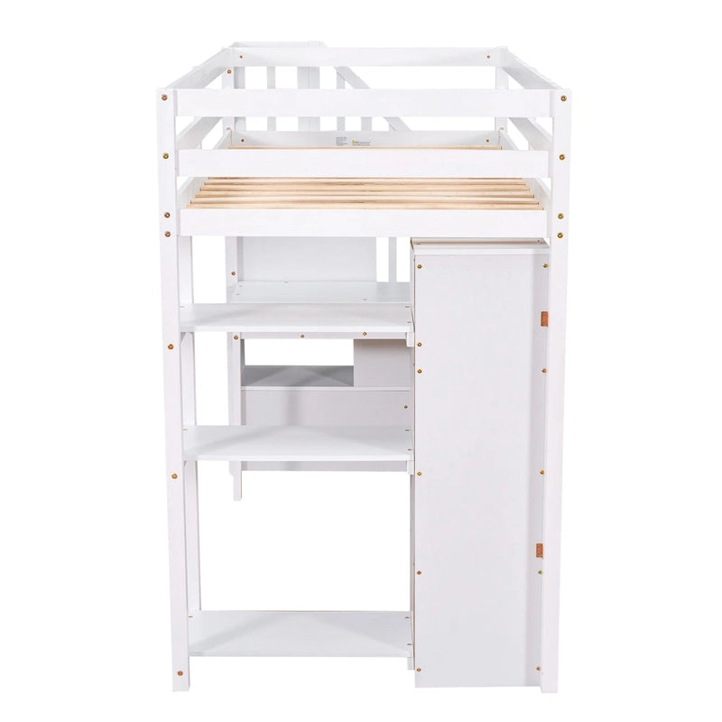 Loft Bed with Storage Drawers, Desk and Stairs, Wooden Loft Bed with Shelves