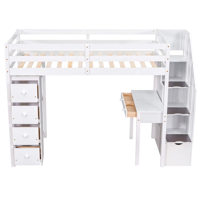 Loft Bed with Storage Drawers, Desk and Stairs, Wooden Loft Bed with Shelves