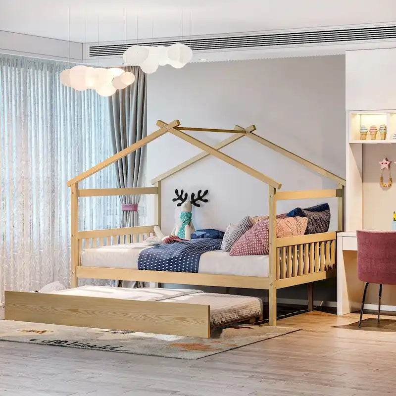 Tagesbett aus Holz in voller Größe im Hausstil mit Ausziehbett
