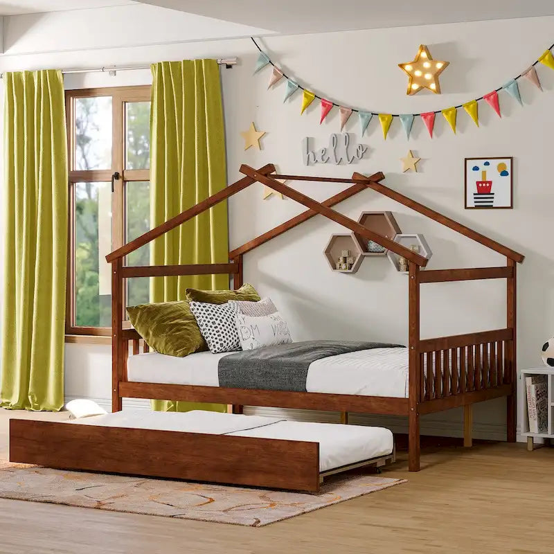 Tagesbett aus Holz in voller Größe im Hausstil mit Ausziehbett