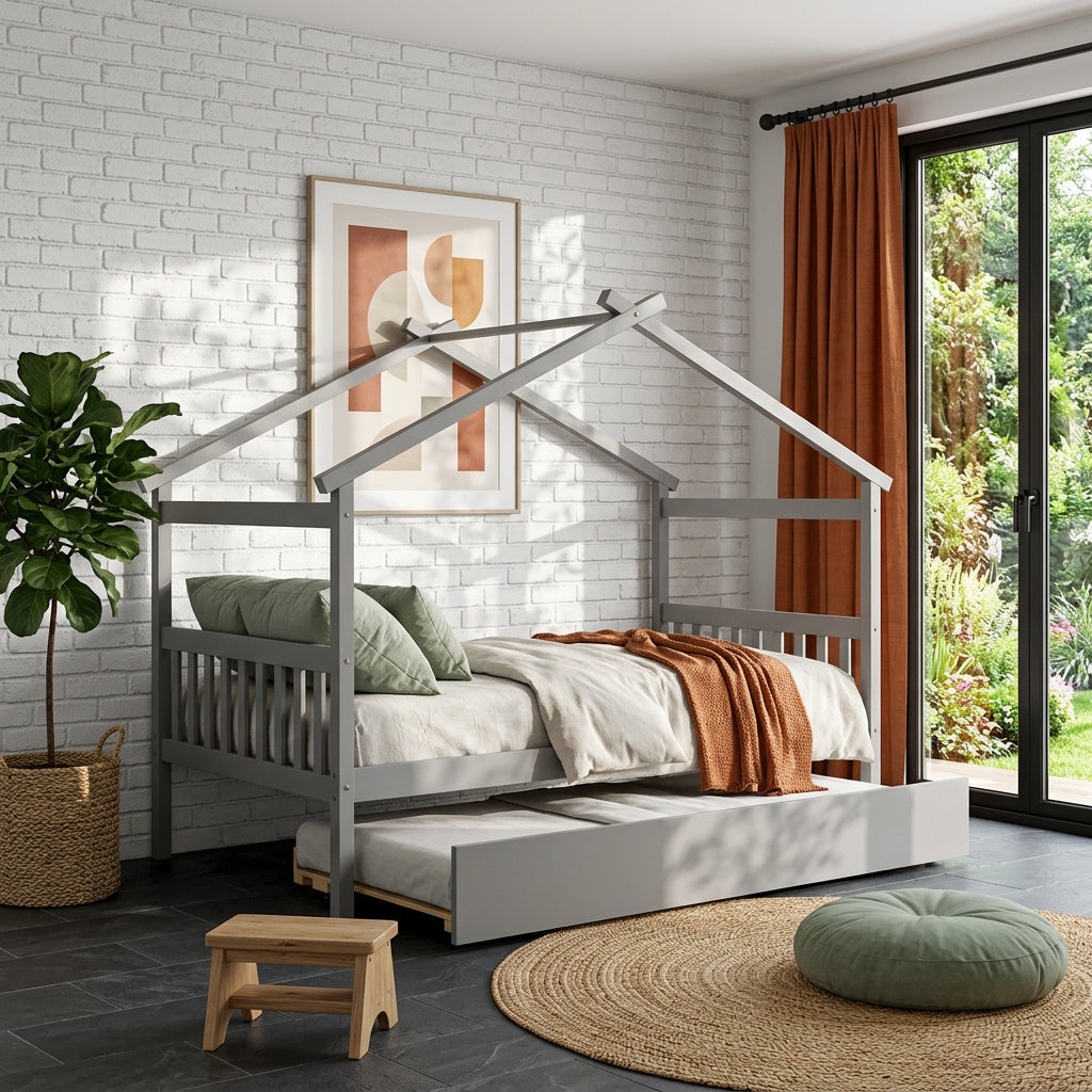 Wooden Full House Day Bed with Trundle