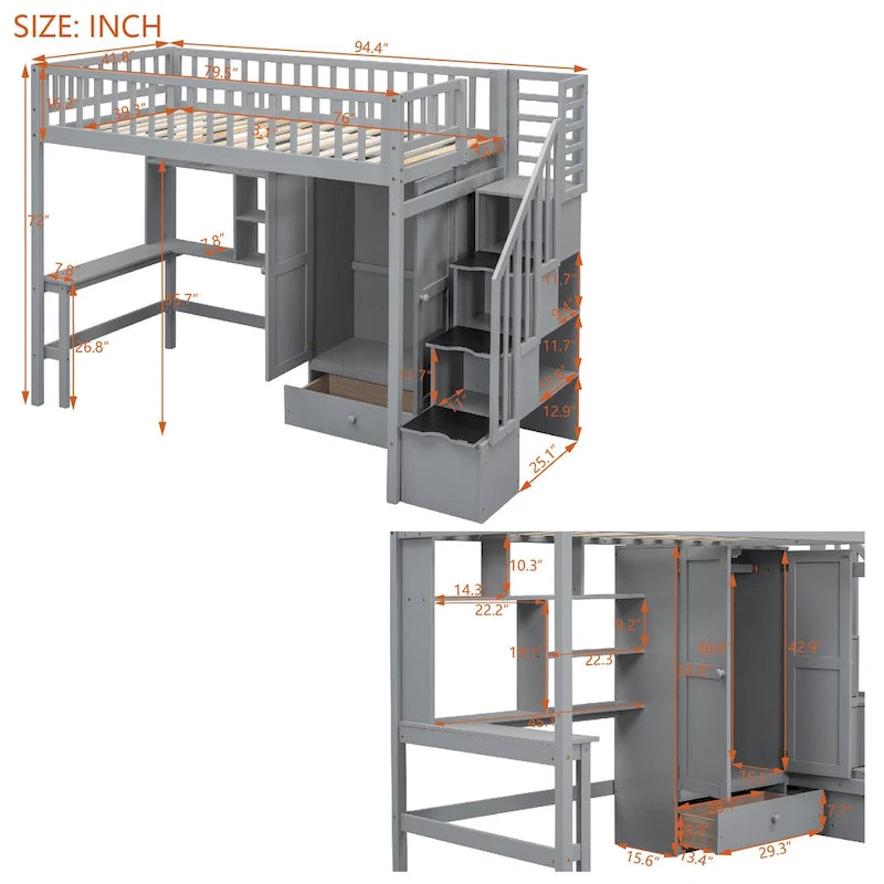 Hochbett aus Massivholz in Einzelbettgröße mit Bücherregal, Schubladen, integriertem Schreibtisch, Kleiderschrank und Stauraumtreppe