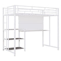 White Metal Loft Bed with Desk, Whiteboard, and 3 Shelves, Includes Ladder
