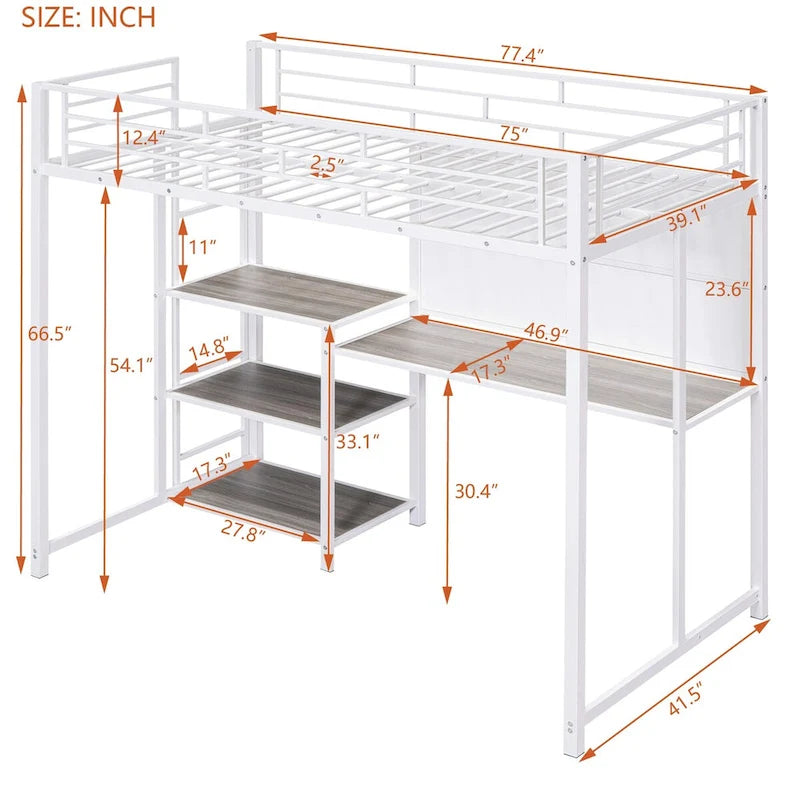 Witte metalen hoogslaper met bureau, whiteboard en 3 planken, inclusief ladder