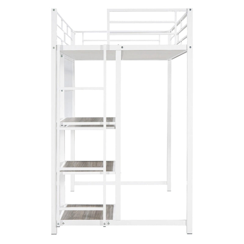 Witte metalen hoogslaper met bureau, whiteboard en 3 planken, inclusief ladder
