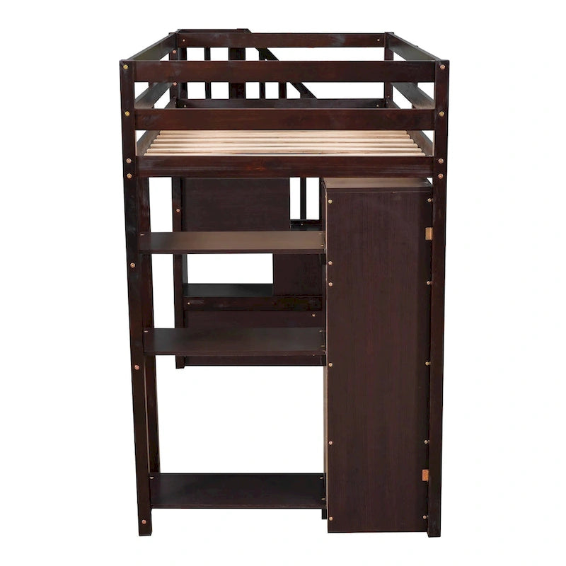 Hochbett mit Schubladen und Treppe, Holz-Hochbett mit Regalen