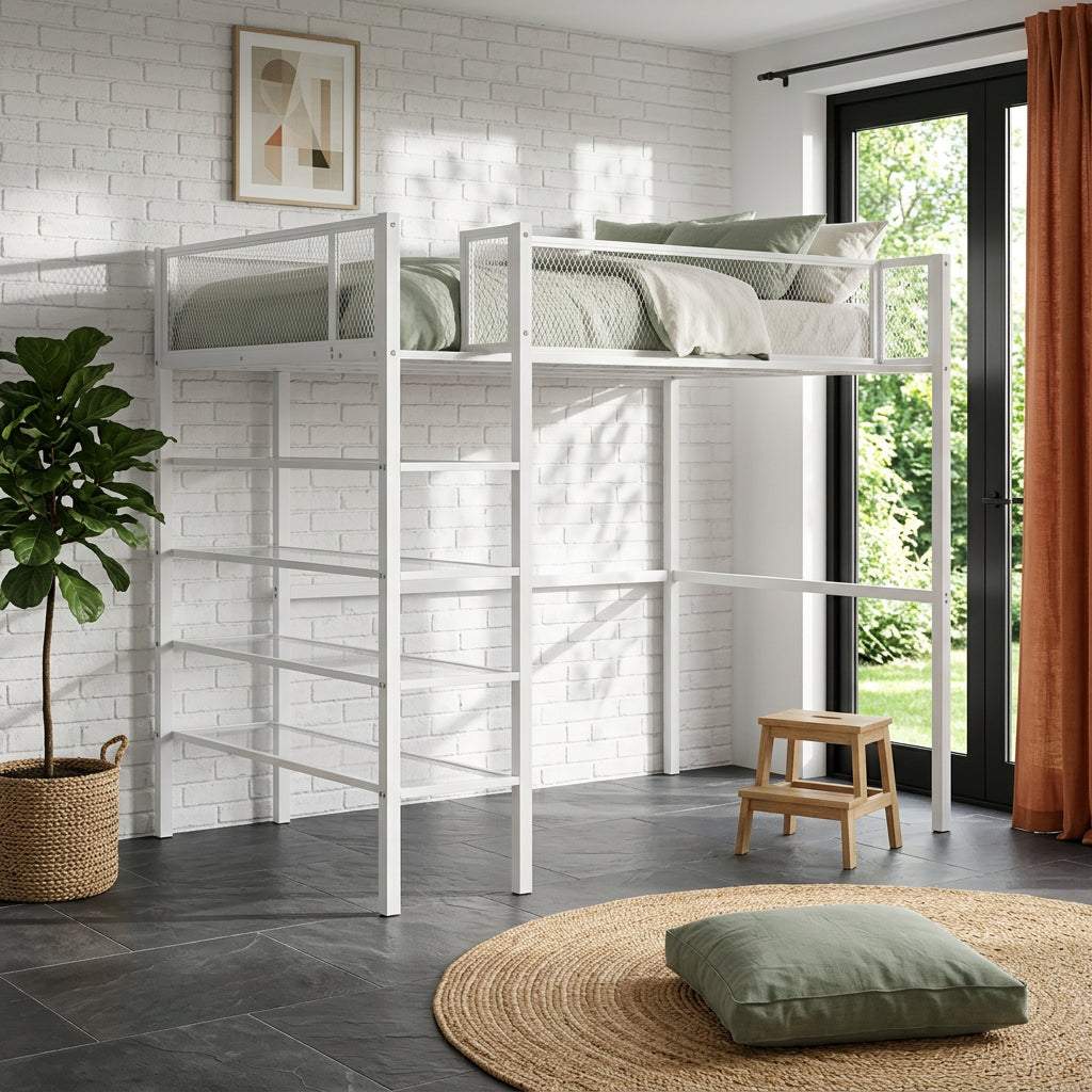 White Metal Loft Bed with 4-Tier Shelves, Workstation, and Full-length Guardrail