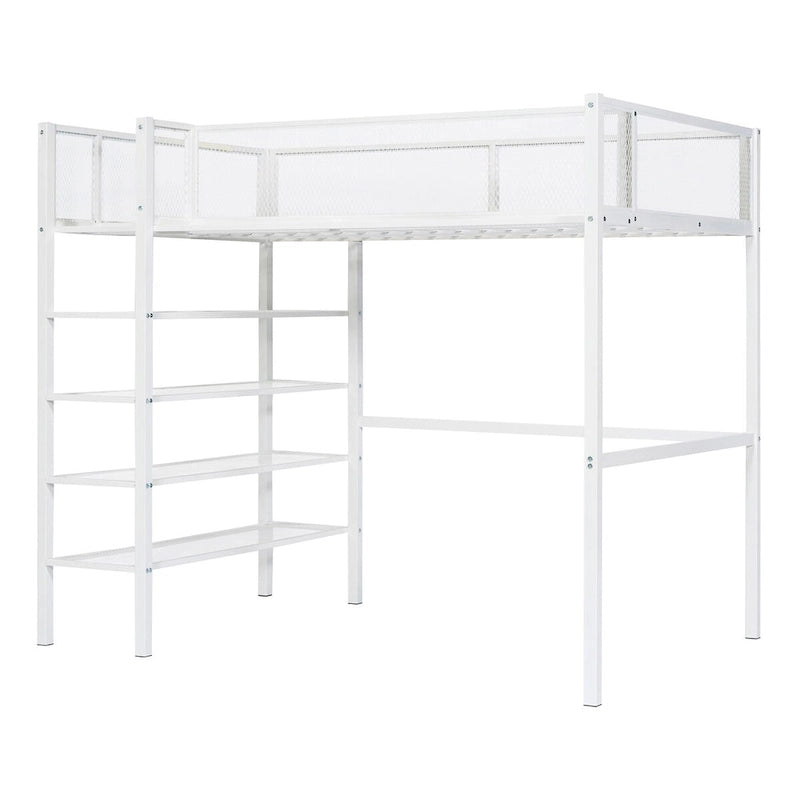 Lit mezzanine métallique blanc avec étagères à 4 niveaux, espace de travail et barrière de sécurité sur toute la longueur