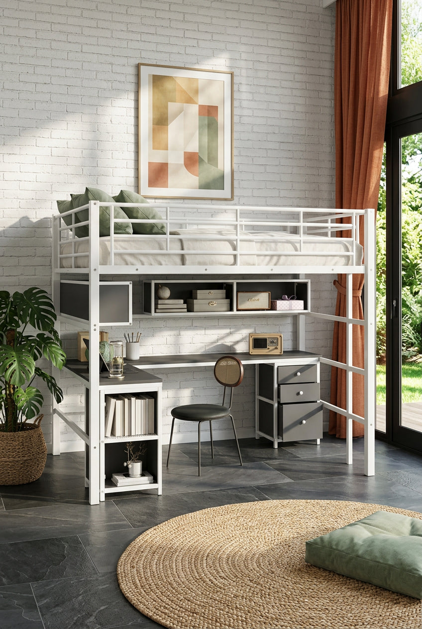 Full Size Metal Loft Bed with Bookcase,Desk,Cabinet and Ladder for Kids and Teens