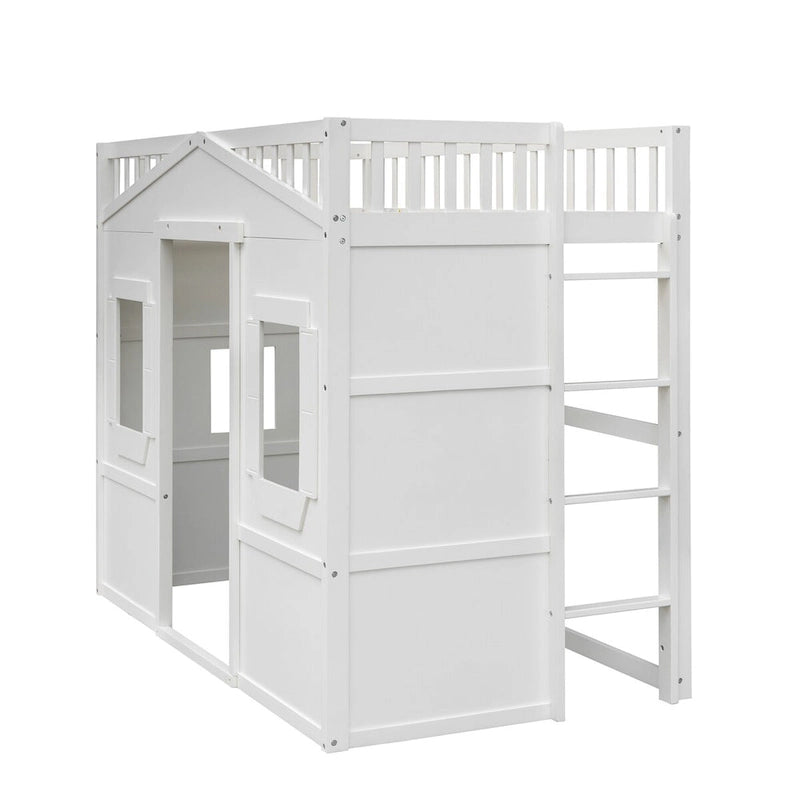 Elegante witte hoogslaper van grenenhout in Twin-formaat met ladder