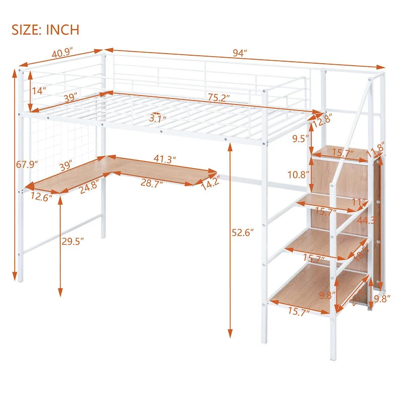Metall-Hochbett in Einzelbettgröße mit Schreibtisch, Stauraumleiter und Kleiderschrank