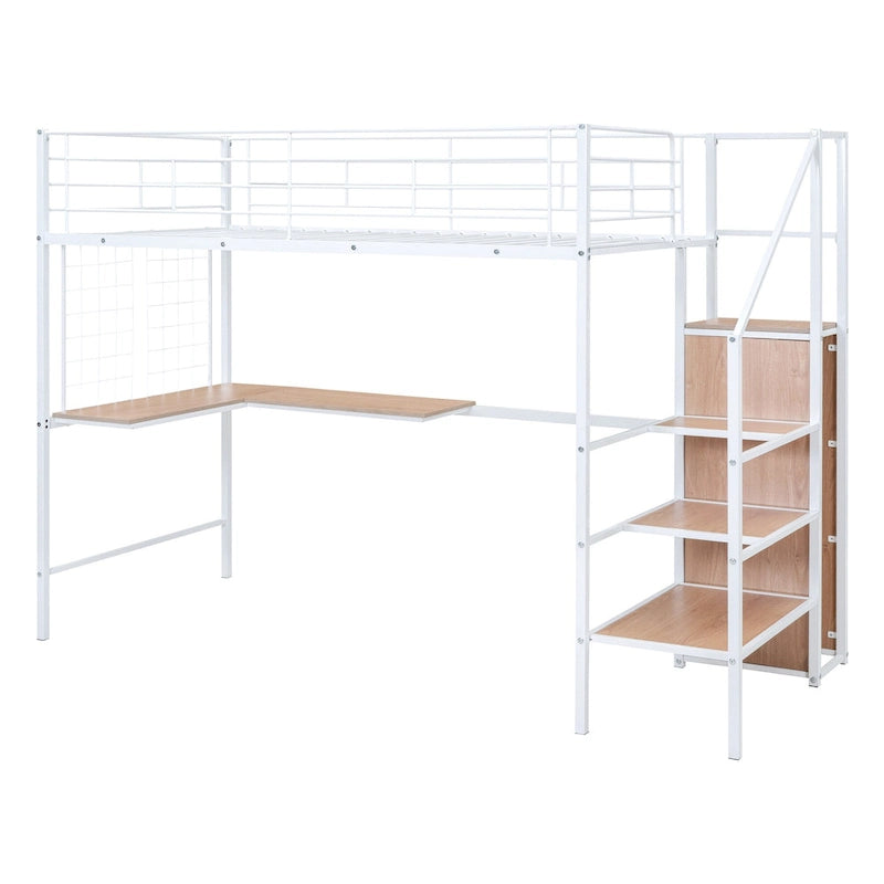 Metall-Hochbett in Einzelbettgröße mit Schreibtisch, Stauraumleiter und Kleiderschrank