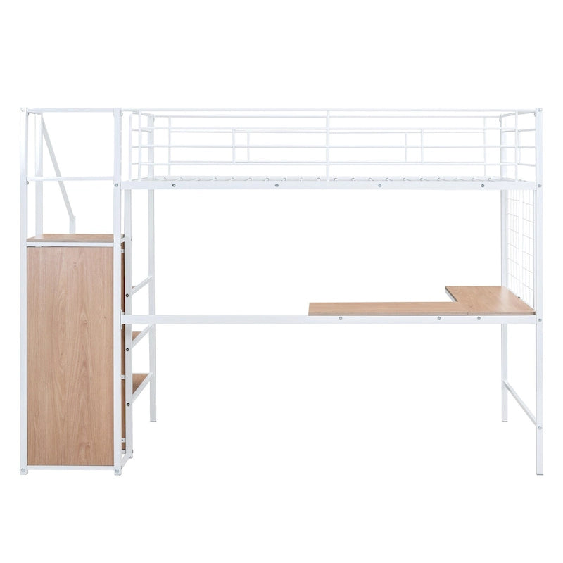 Metall-Hochbett in Einzelbettgröße mit Schreibtisch, Stauraumleiter und Kleiderschrank