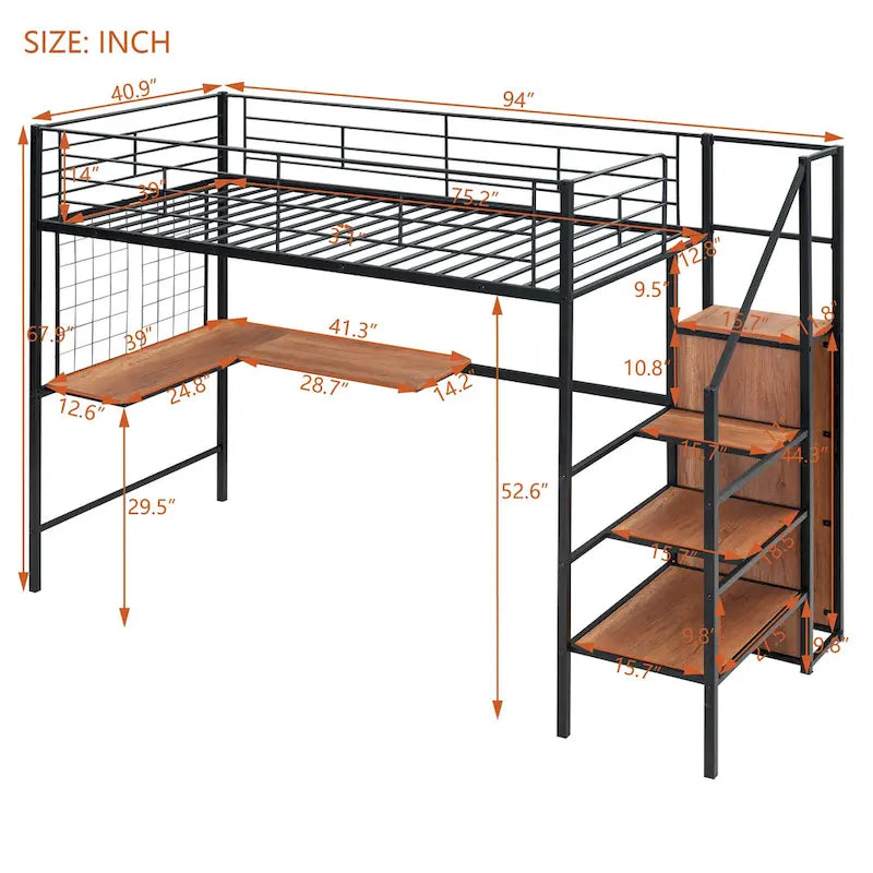Metall-Hochbett in Einzelbettgröße mit Schreibtisch, Stauraumleiter und Kleiderschrank
