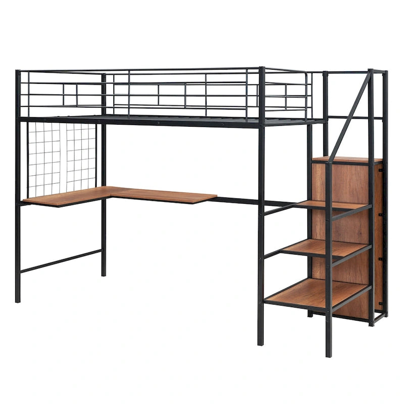 Metall-Hochbett in Einzelbettgröße mit Schreibtisch, Stauraumleiter und Kleiderschrank