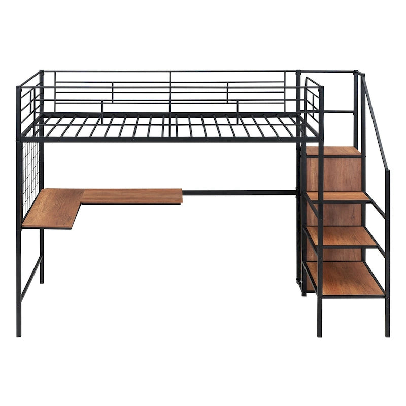 Metall-Hochbett in Einzelbettgröße mit Schreibtisch, Stauraumleiter und Kleiderschrank
