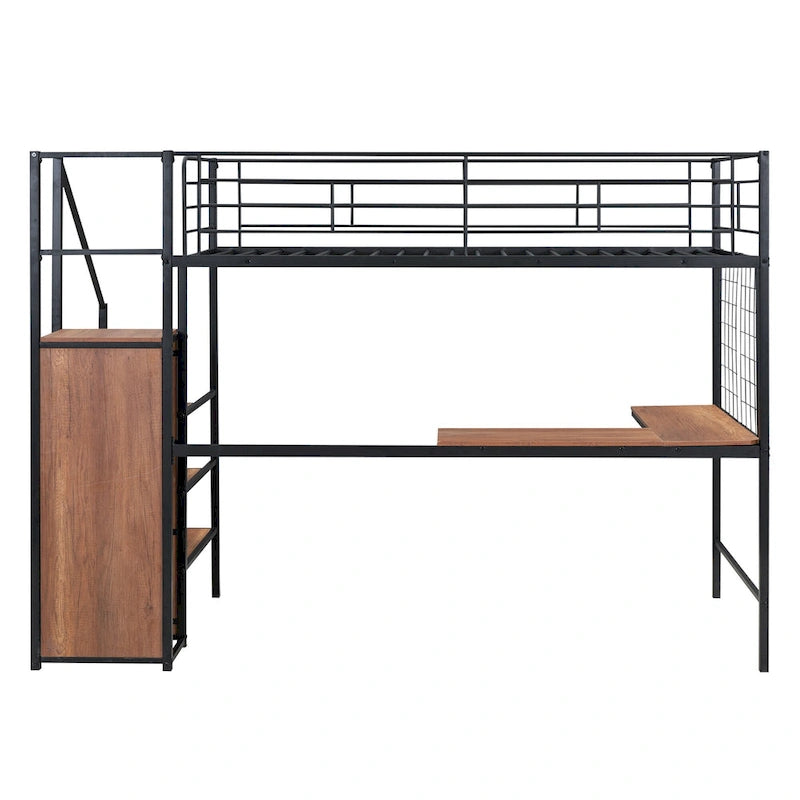 Metall-Hochbett in Einzelbettgröße mit Schreibtisch, Stauraumleiter und Kleiderschrank