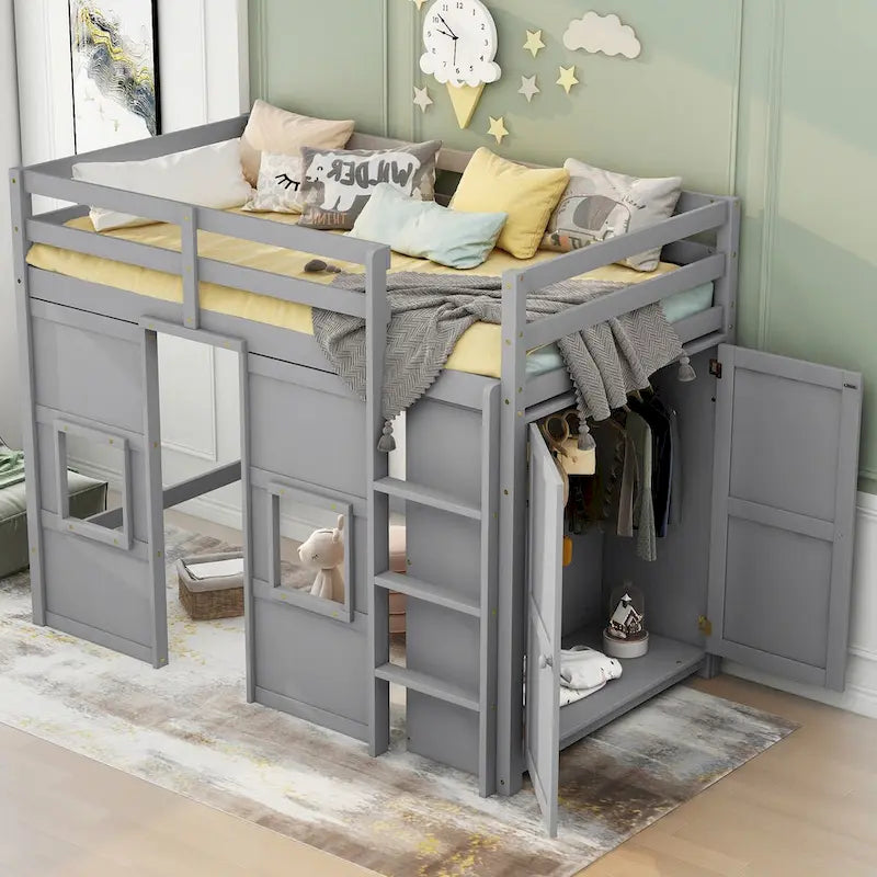 Hochbett in Twin-Größe mit integriertem Stauraum, Kleiderschrank und 2 Fenstern