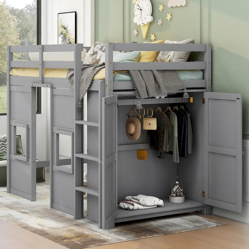 Hochbett in Twin-Größe mit integriertem Stauraum, Kleiderschrank und 2 Fenstern