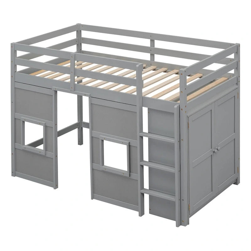 Hochbett in Twin-Größe mit integriertem Stauraum, Kleiderschrank und 2 Fenstern