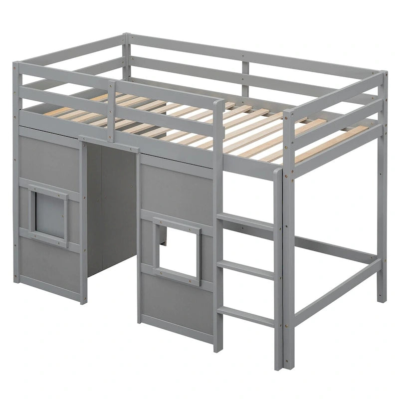 Hochbett in Twin-Größe mit integriertem Stauraum, Kleiderschrank und 2 Fenstern