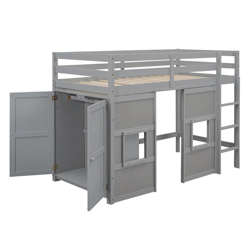 Hochbett in Twin-Größe mit integriertem Stauraum, Kleiderschrank und 2 Fenstern