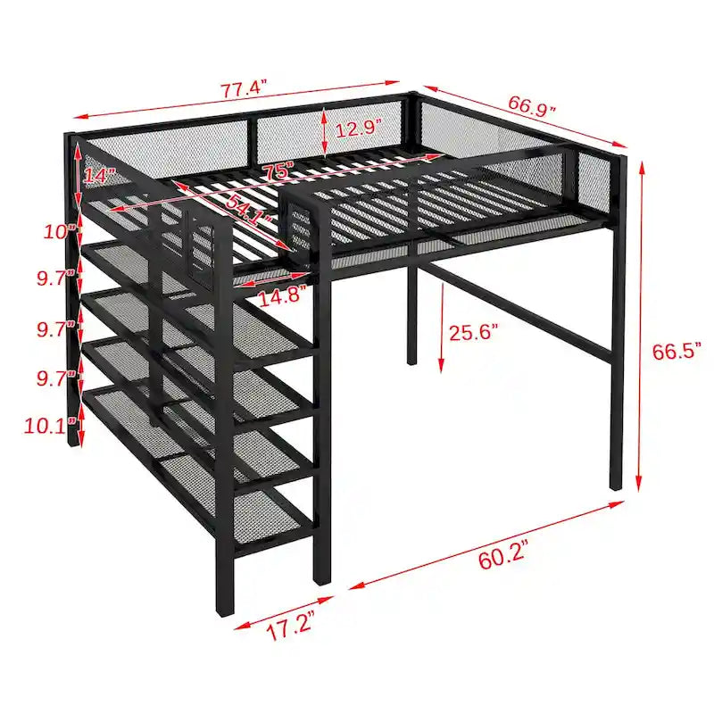 Metall-Etagenbett in Full-Size mit 4-stufigen Ablagefächern und Stauraum