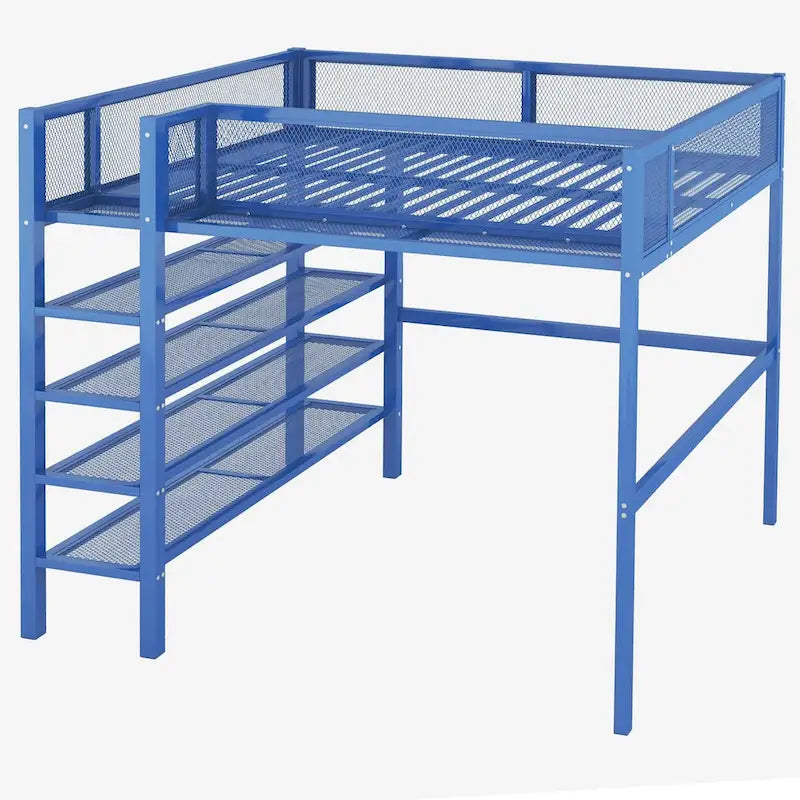 Metall-Etagenbett in Full-Size mit 4-stufigen Ablagefächern und Stauraum