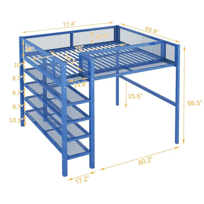Metall-Etagenbett in Full-Size mit 4-stufigen Ablagefächern und Stauraum