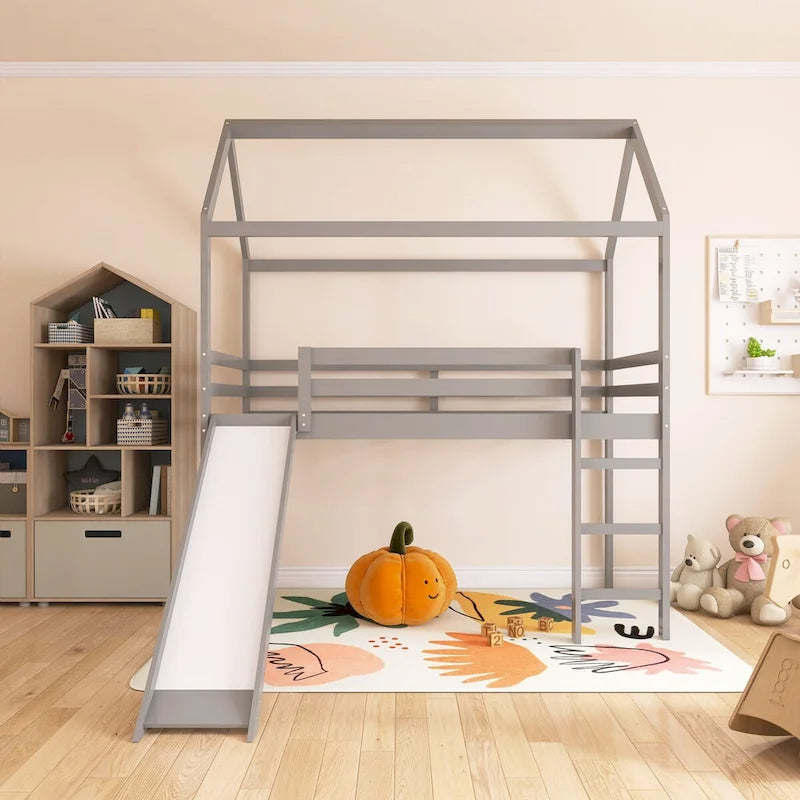 Lit mezzanine simple avec toboggan, lit cabane avec toboggan