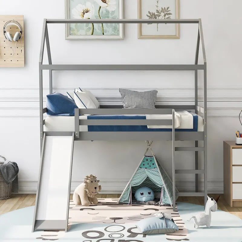 Lit mezzanine simple avec toboggan, lit cabane avec toboggan