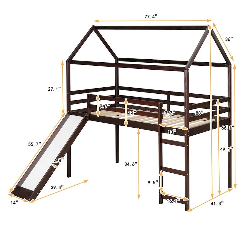Lit mezzanine simple avec toboggan, lit cabane avec toboggan