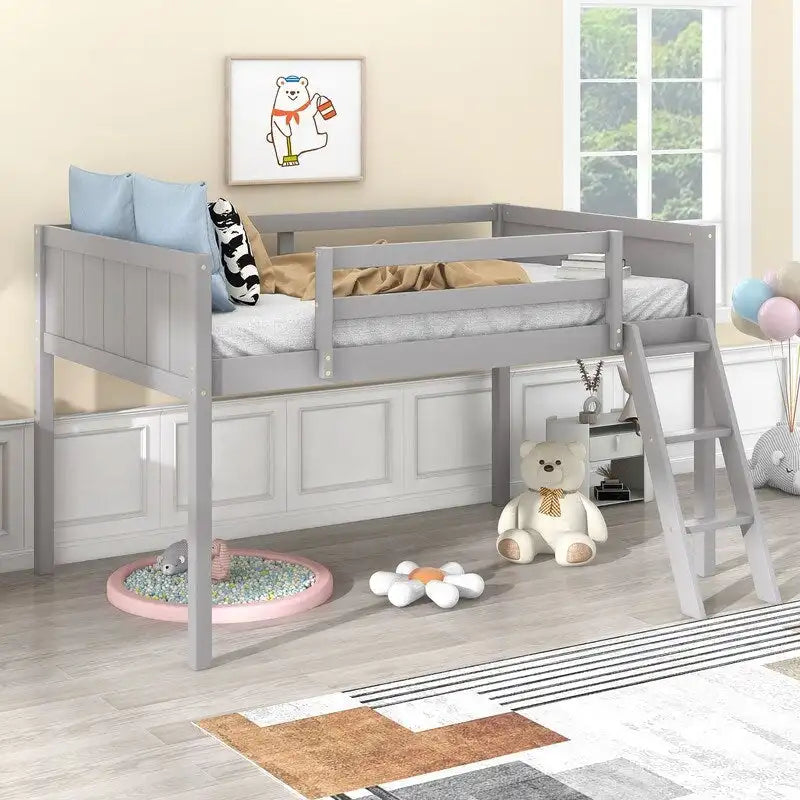 Lit mezzanine bas en bois Twin Size avec échelle, pouvant être placée à gauche ou à droite