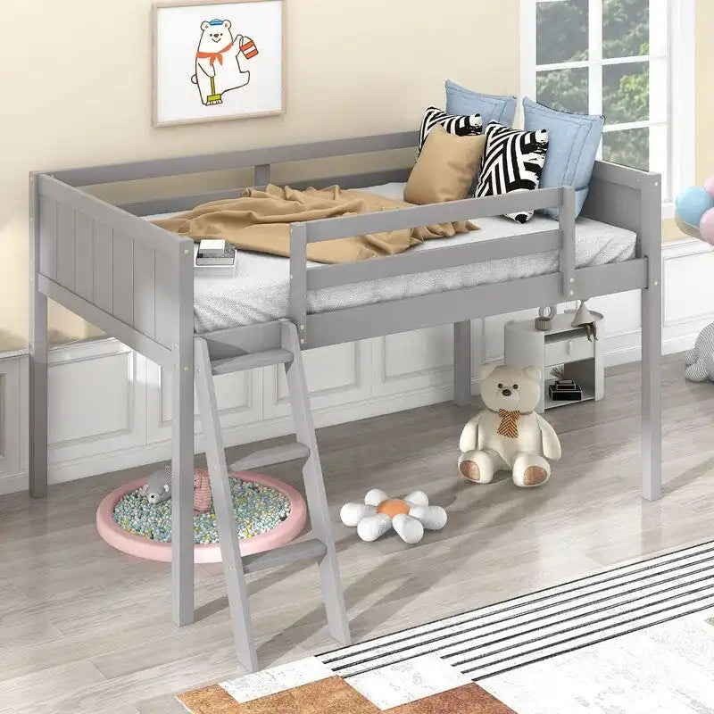 Lit mezzanine bas en bois Twin Size avec échelle, pouvant être placée à gauche ou à droite