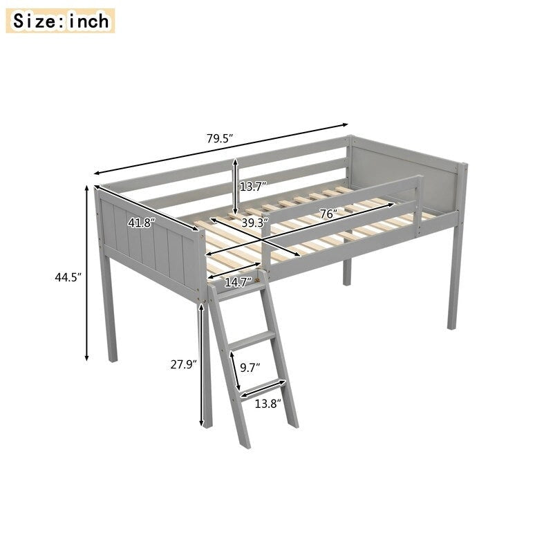 Lit mezzanine bas en bois Twin Size avec échelle, pouvant être placée à gauche ou à droite