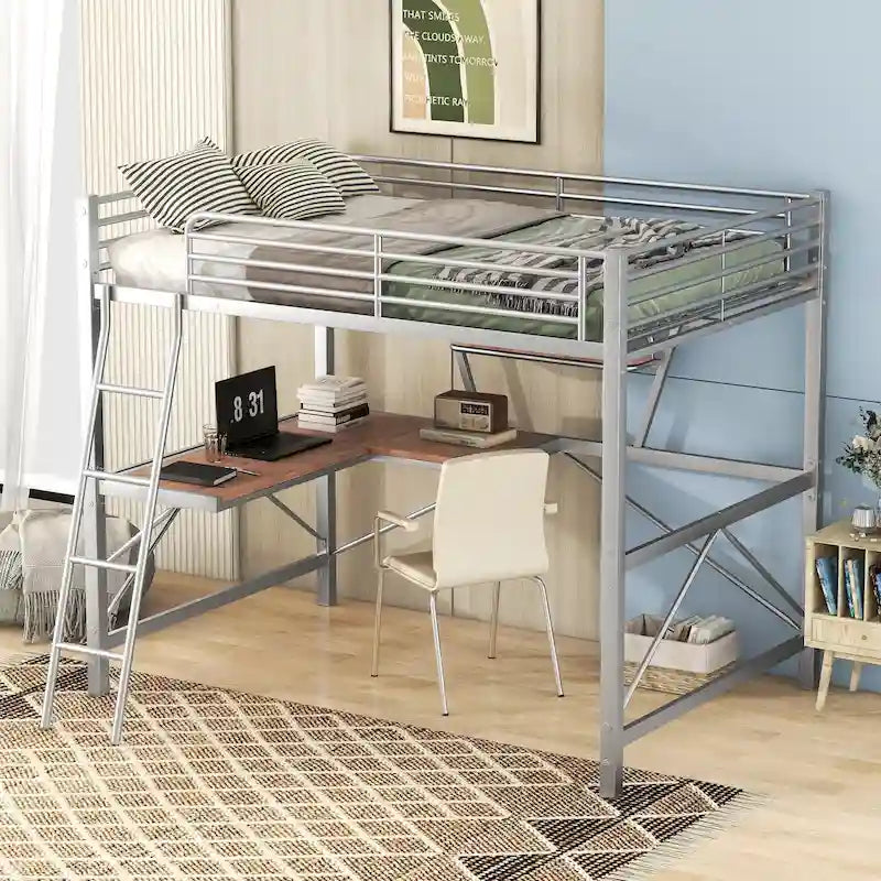 Hochbett aus Metall und MDF mit Schreibtisch und Regal
