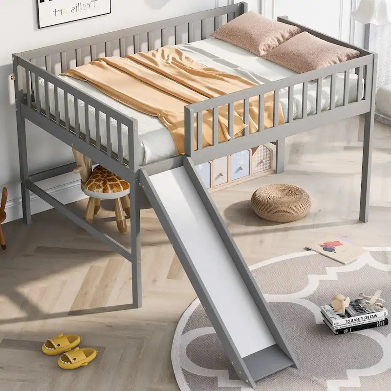 Letto a soppalco matrimoniale Full basso in legno massello con scala e scivolo