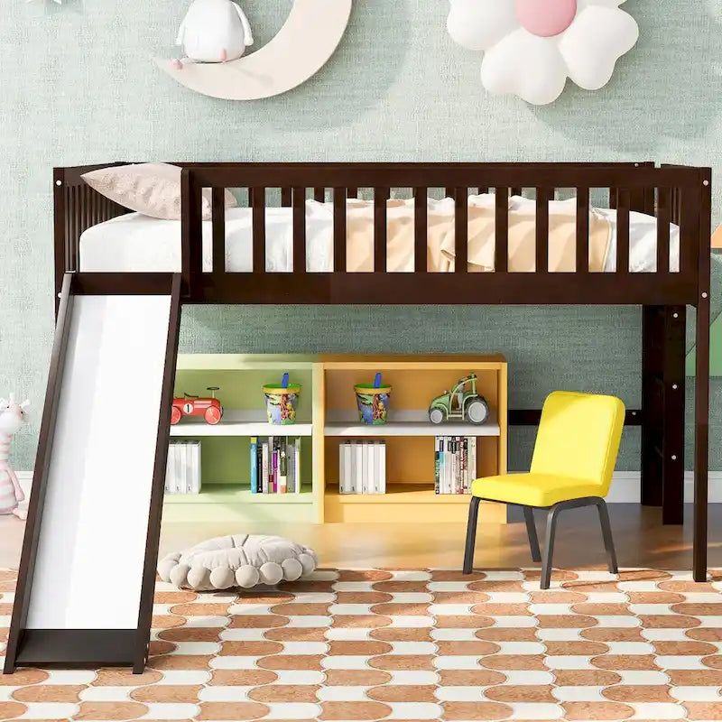 Letto a soppalco matrimoniale Full basso in legno massello con scala e scivolo