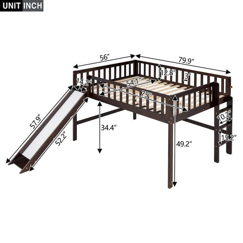 Letto a soppalco matrimoniale Full basso in legno massello con scala e scivolo
