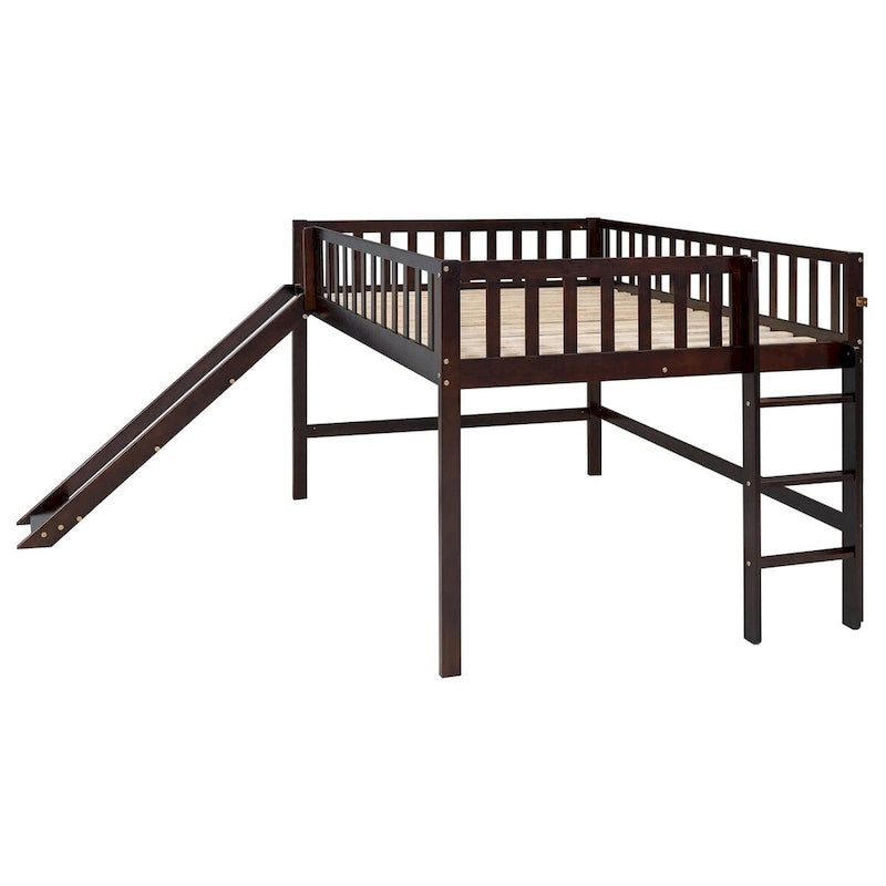 Letto a soppalco matrimoniale Full basso in legno massello con scala e scivolo