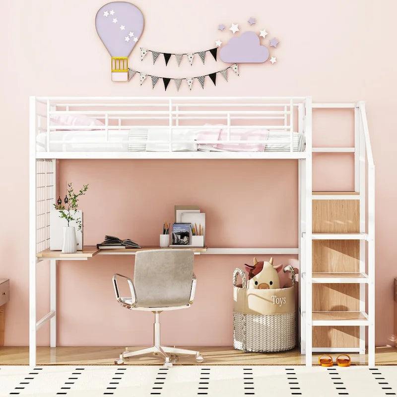 Metall-Hochbett für Einzelbett mit Schreibtisch und Metallgitter, stilvolles Metallrahmenbett mit seitlicher Stauraumleiter und Kleiderschrank